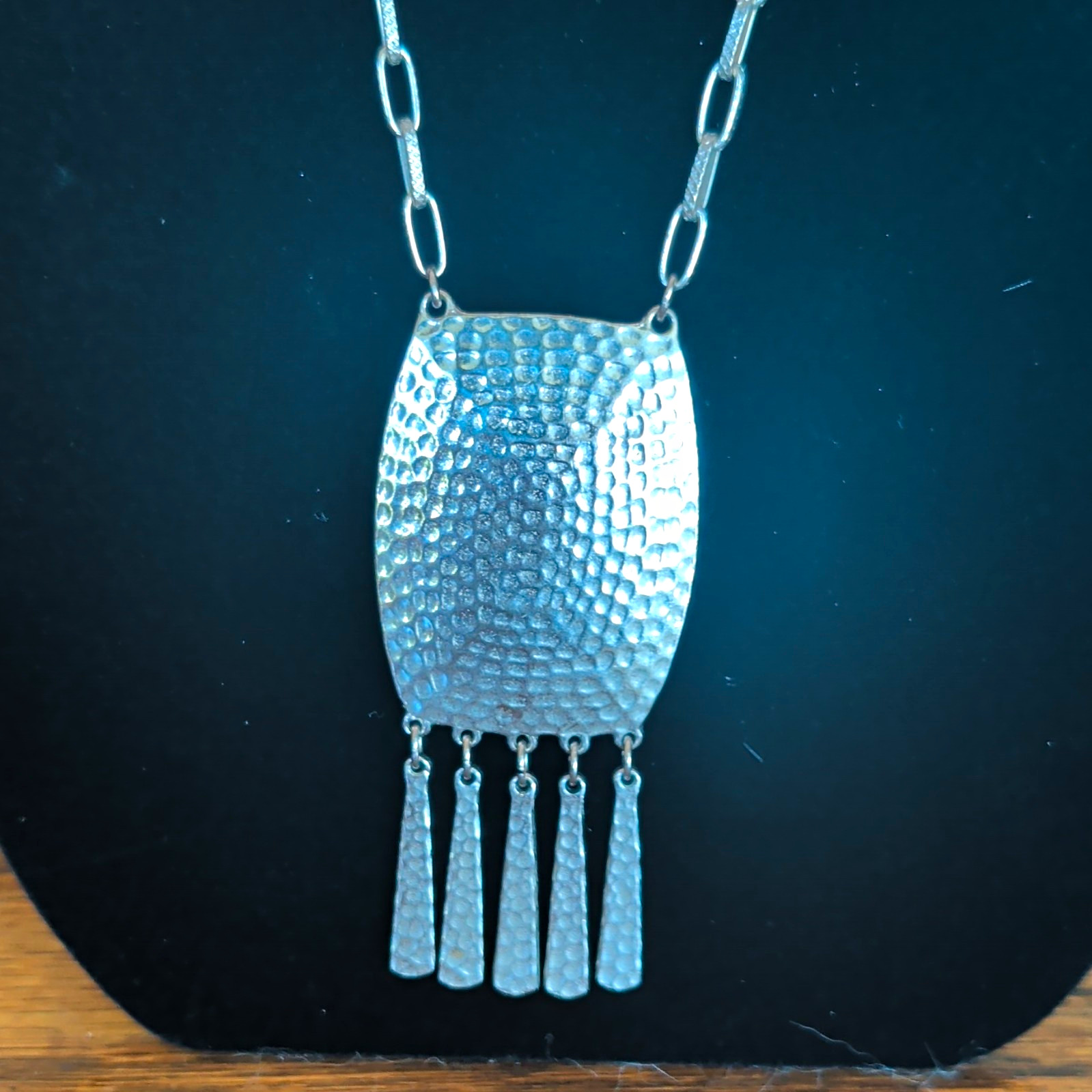 Silver Tone Hammered With 5 Suspended Hammered Fringe Tassels, W/Designed Chain.