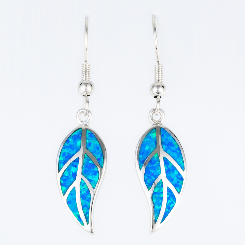 Nature Leaf Shape Ocean Blue Fire Opal Silver Jewelry Dangle Drop Earrings
