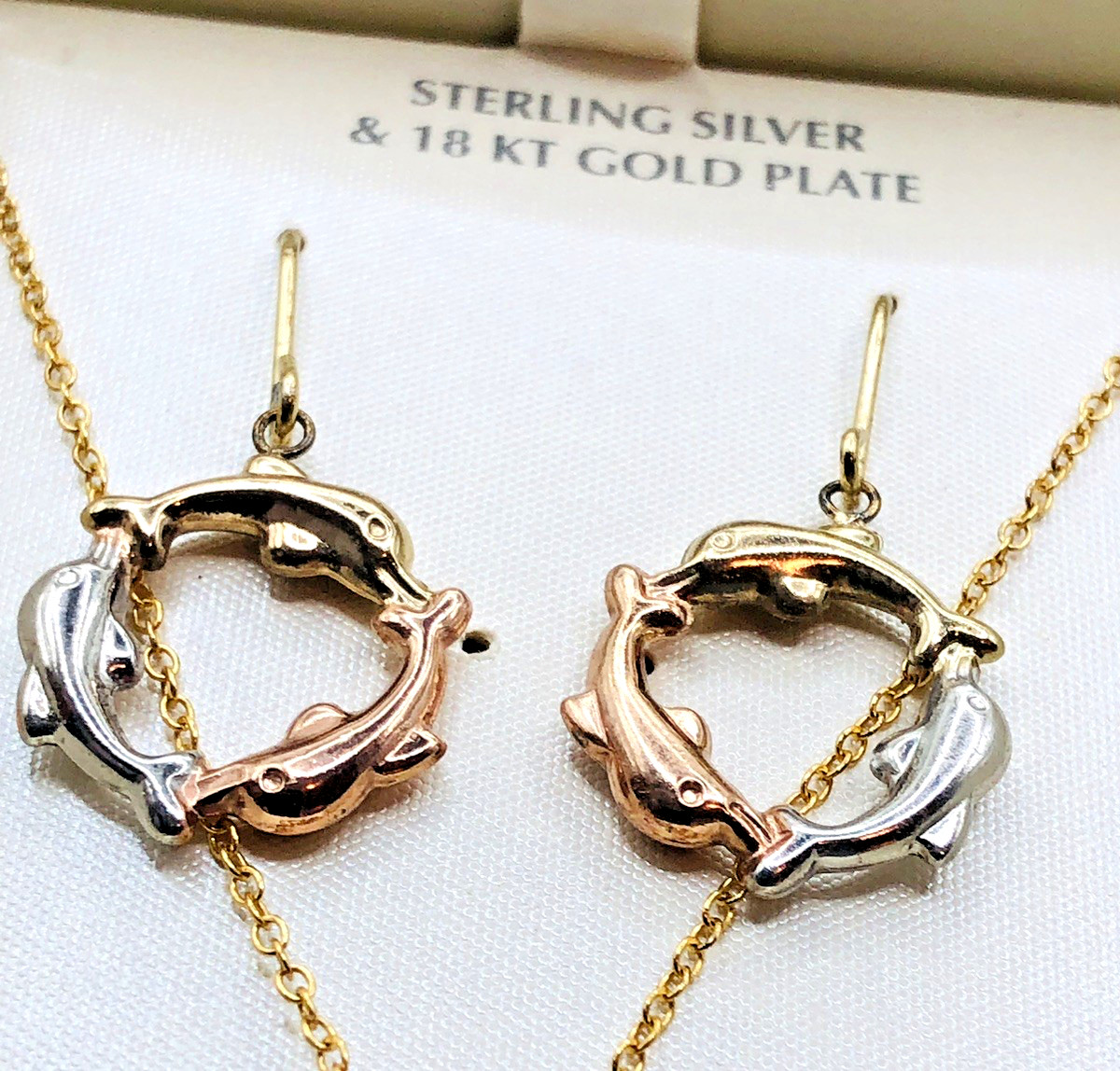 Vtg JCM Sterling Silver 925 & 18KT Gold Plate Dolphin Pendant Necklace and ERs