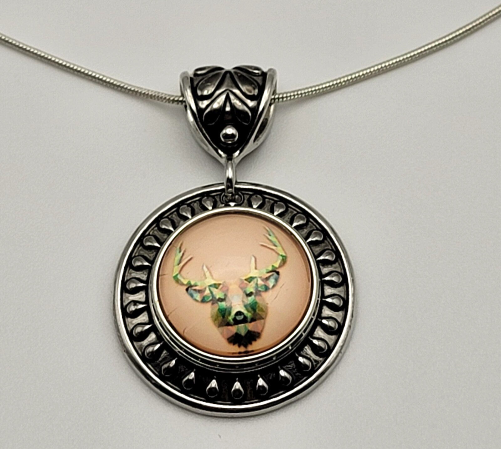 925 Silver Chain Glass Dome Deer Pendant Necklace 20 Inch Buck Stag Silver Tone