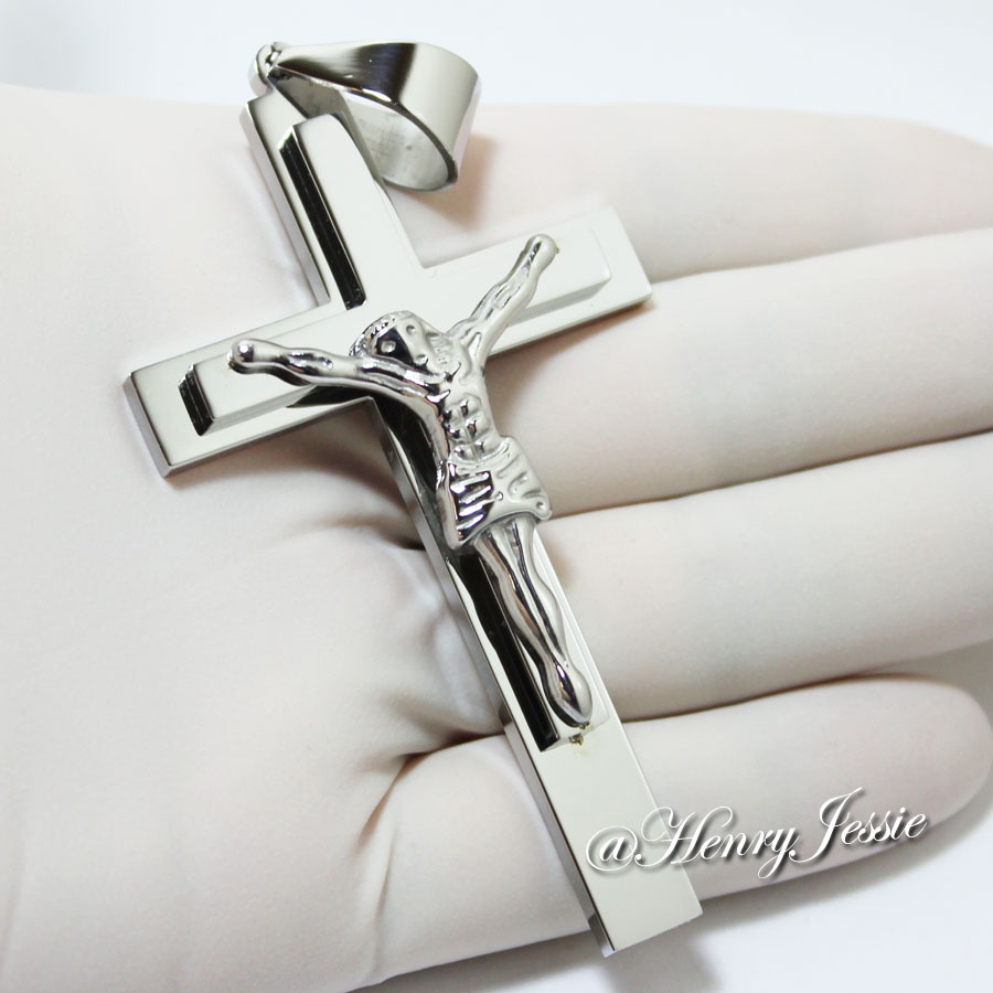 18-40″MEN Stainless Steel WIDE 11mm Silver Cuban Curb Necklace Cross Pendant*J1