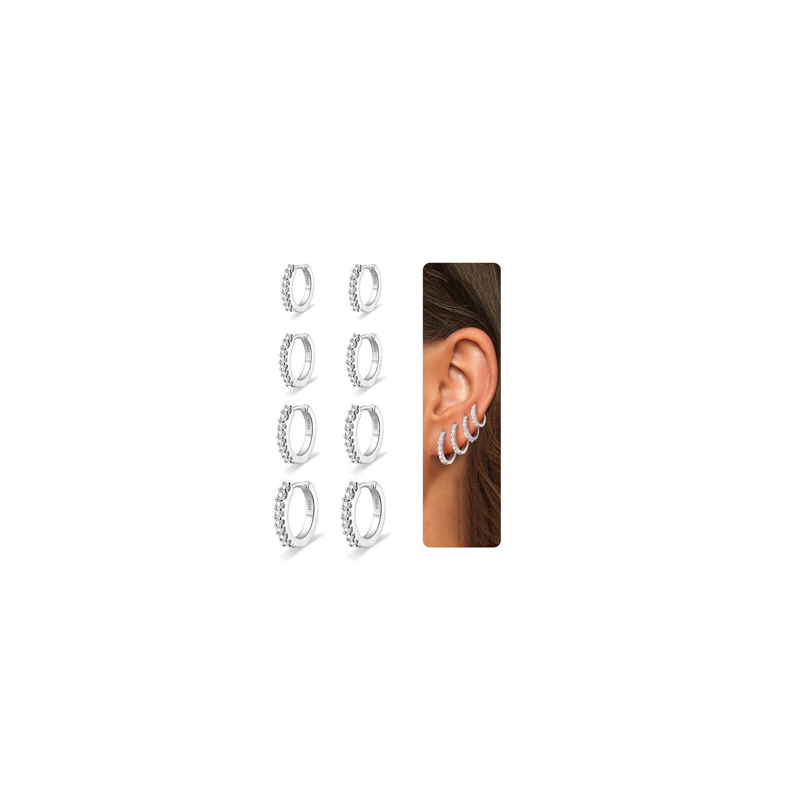 Nelytiya 4 Pairs 925 Sterling Silver Hoop Earrings for 10 millimeters,