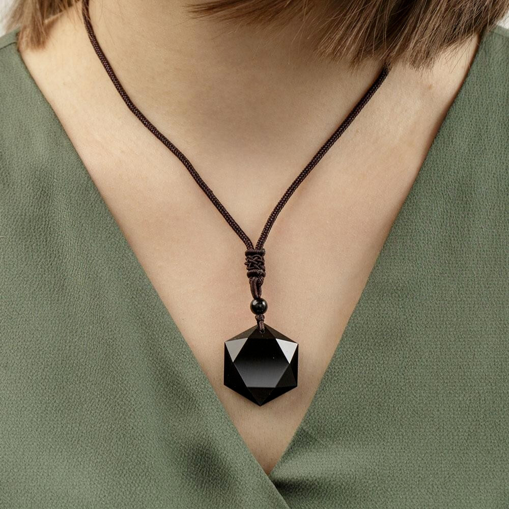 Hexagonal Obsidian Point Pendant Amulet Protection Healing Man Woman Necklace