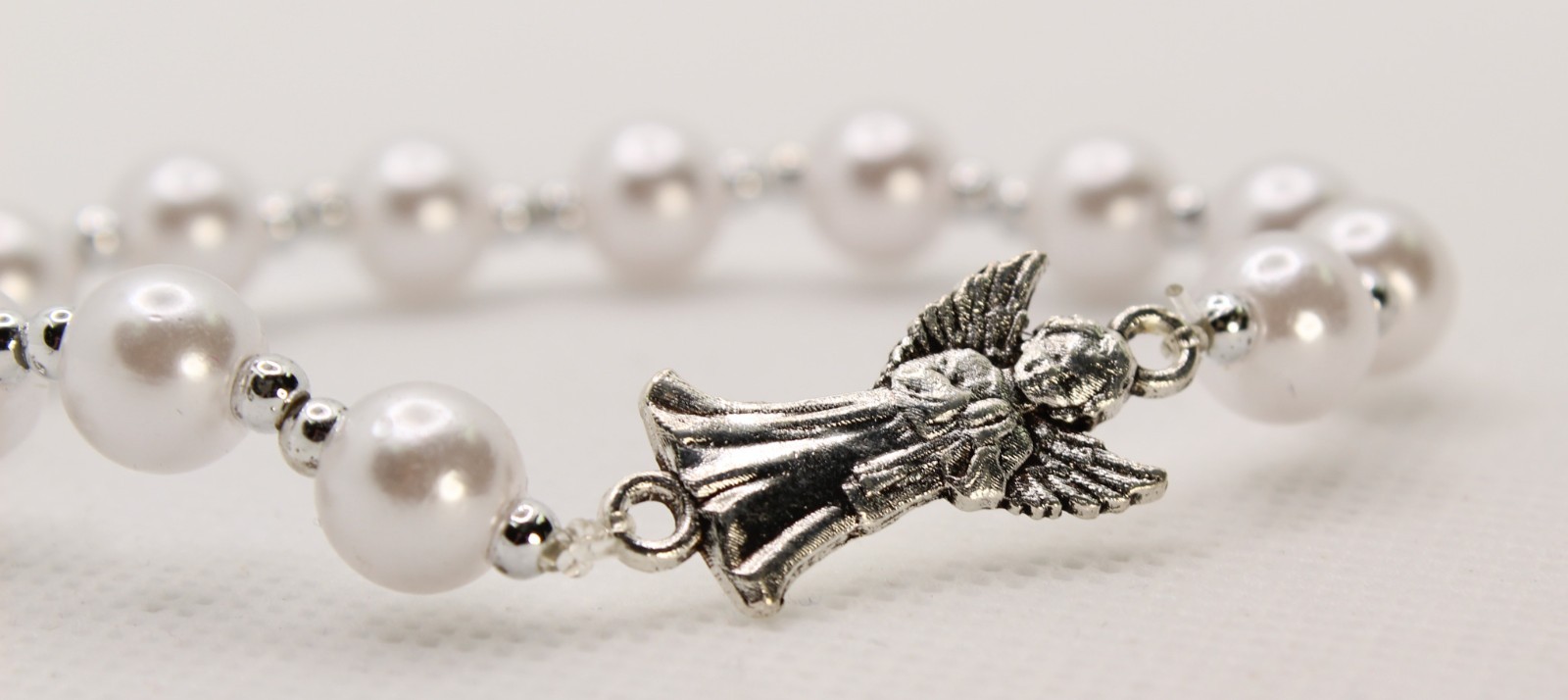 Zinc Alloy Guardian Angel, Crucifix, Miraculous Charm Faux Pearl Rosary Bracelet