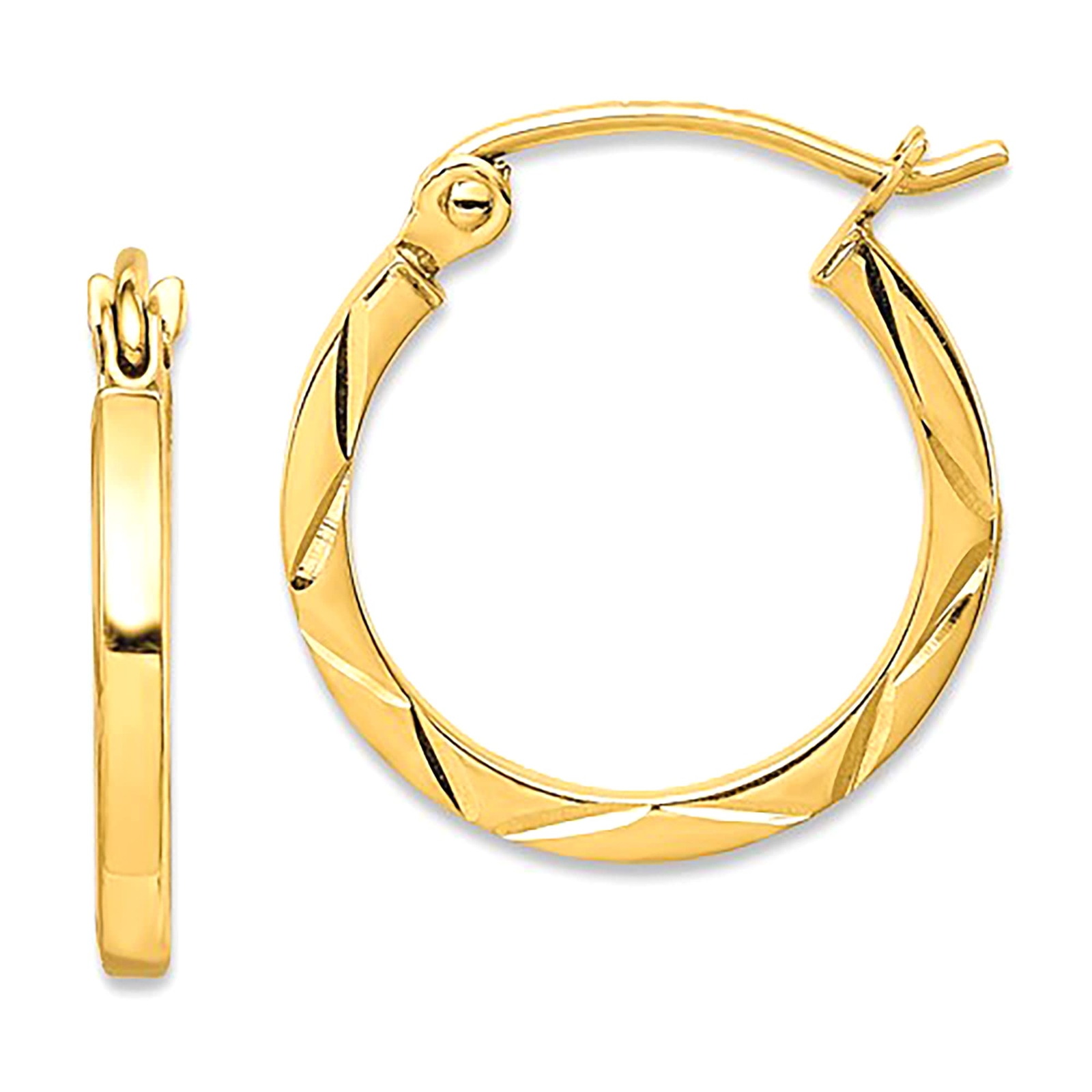 10K Yellow Gold Diamond Cut Hoop Earrings, Diameter 15mm