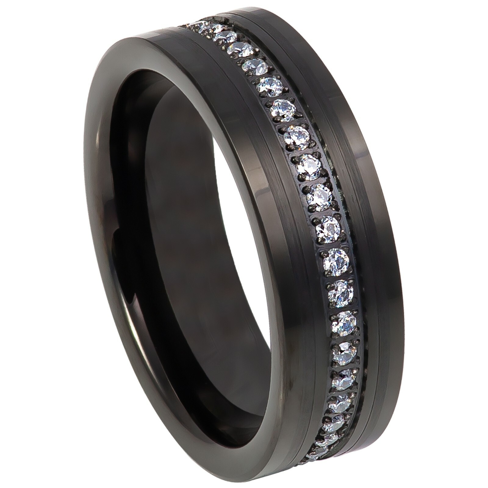 Tungsten Ring Black Ion-plated Prong-set Round White CZ Eternity 8mm Wedding