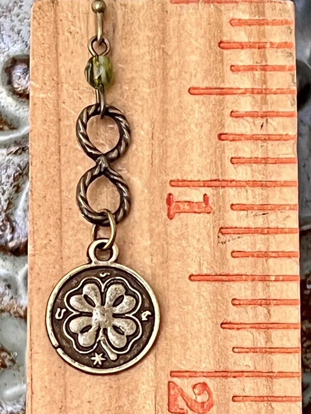 Bronze Four Leaf Clover with Green Bead Earrings. Irish. Lucky.