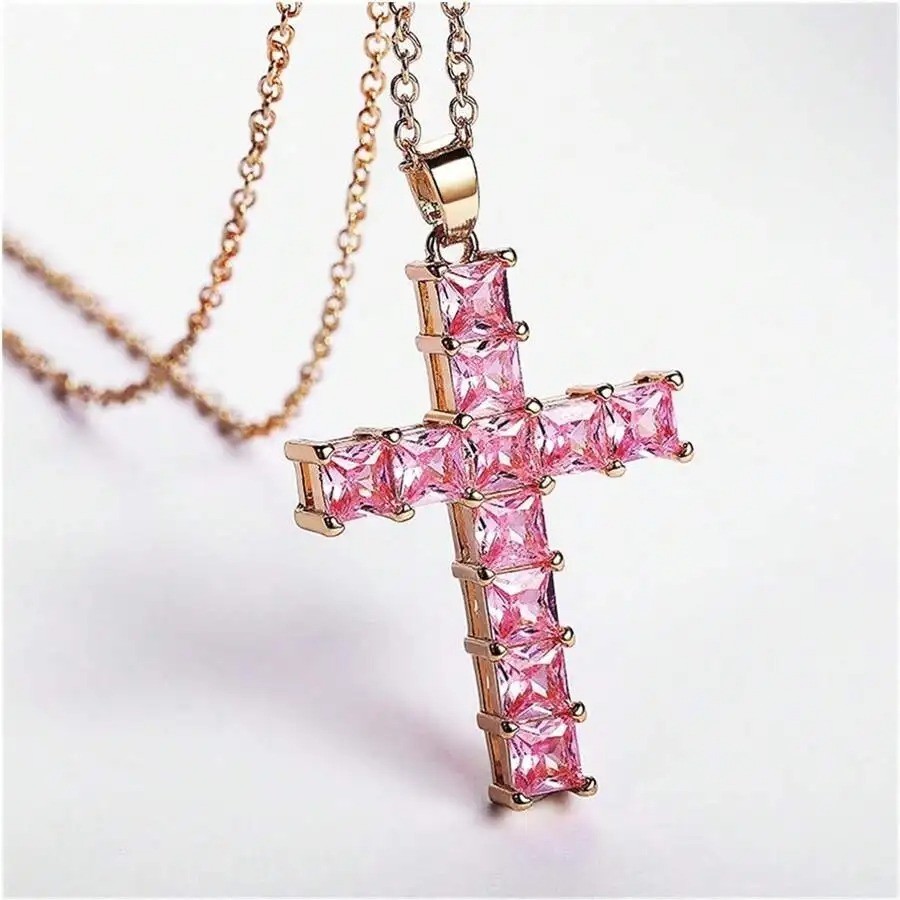 Crystal Cross Necklace Gold Silver Pink Rhinestone Pendant Women Jewelry