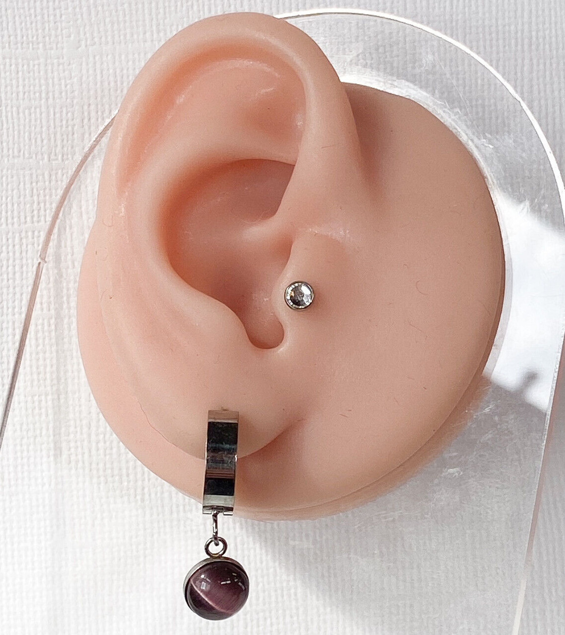 PAIR of Hinged Hoop Earrings Semi-Precious Stone Dangle 20g 316L Stainless Steel