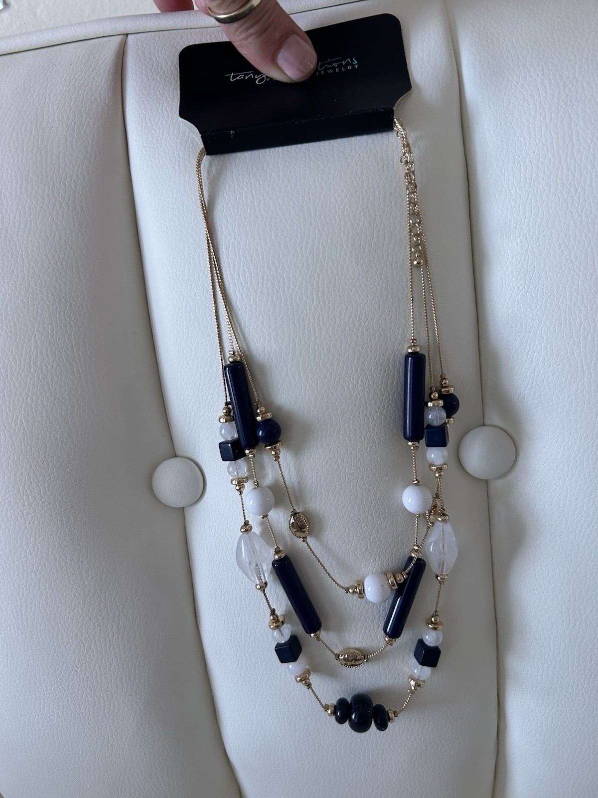Tanya Creations Gold Tone Cable Chain Layered Beaded Necklace Blue White Lobster