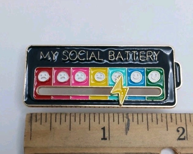 “My Social Battery” Enamel Metal Lapel Pin/Brooch 2-Pack White & Black
