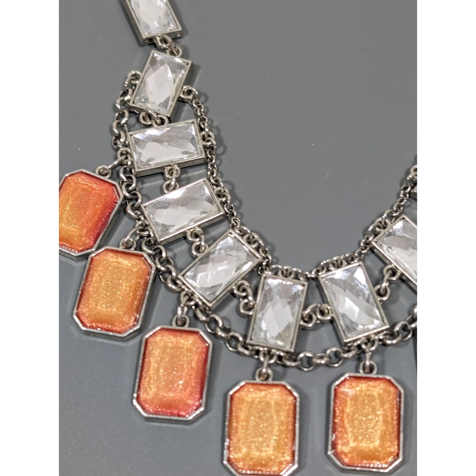 NYC Orange Cabochon Rectangle Charm Statement Necklace Silver Tone 21 in