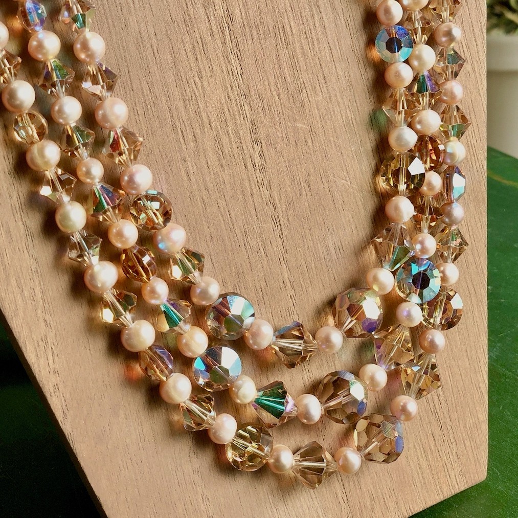 Three-Strand Vintage Champagne Crystal Pearl Beaded Necklace