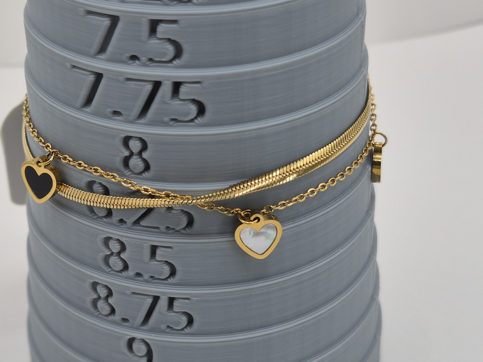 Gold Tone Double Snake Chain Charm Bracelet Black & White Heart Dangle