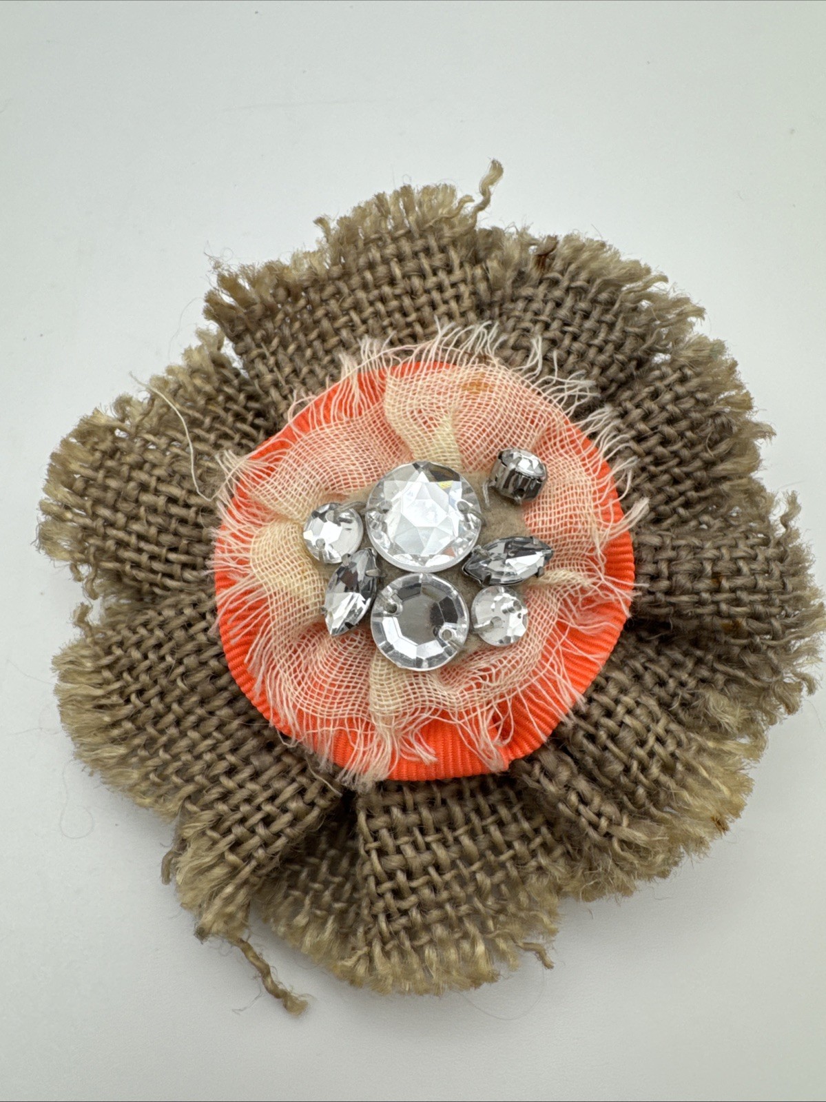 Boho Fabric Flower Brooch Lot Tweed Burlap Rhinestone Rustic Pins