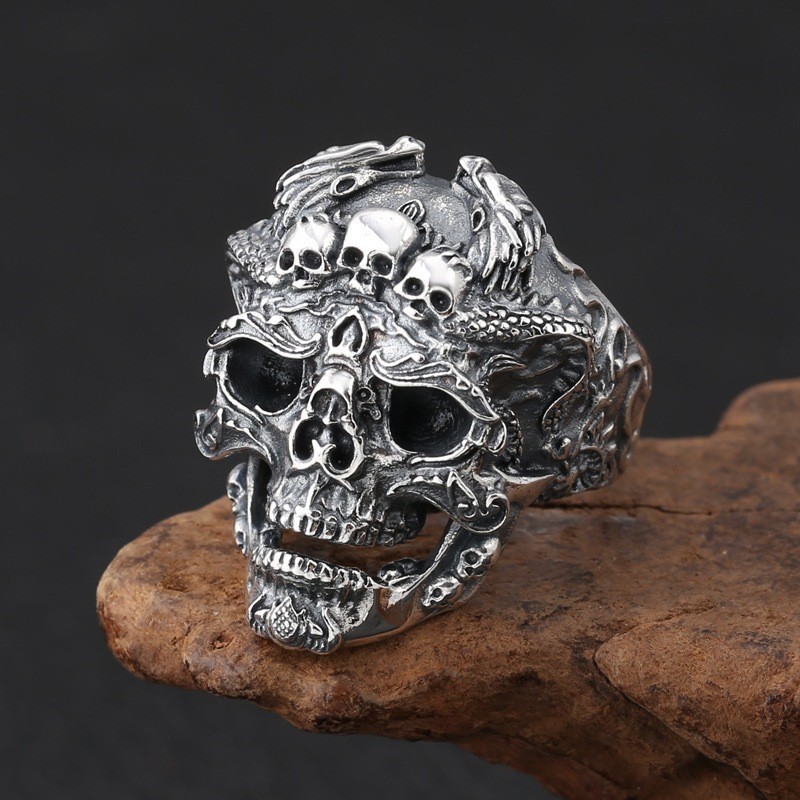 Chunky Gothic Skull Band Ring Tattoo Biker Heavy Metal Adjustable Ring