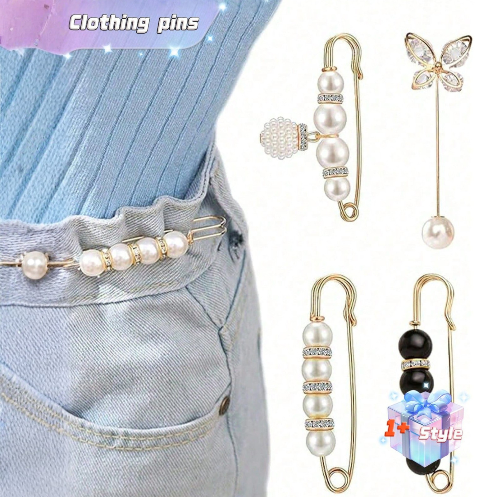4PCS Adjustable Waist Buckle Pin Set Modern Rhinestone Butterfly Brooch Button