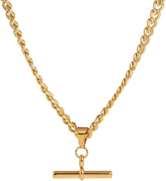 T Bar Pendant Necklace for Women Men Simple Stainless Steel Cuban Link NEW GOLD
