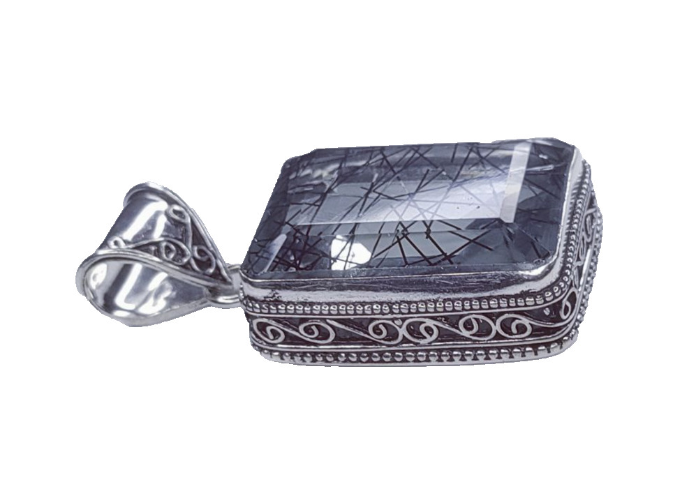 Black Rutialted Quartz Gemstone Handmade 925 Sterling Silver Jewelry Pendant 2″