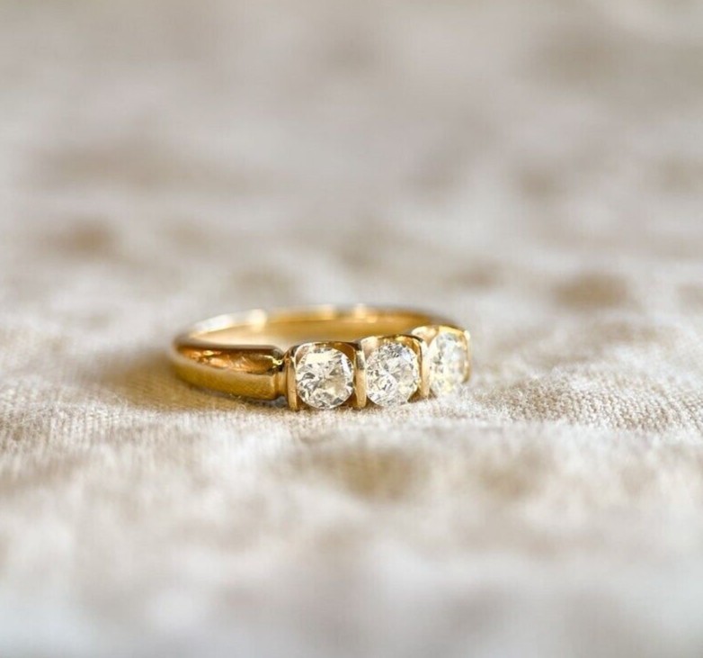 Trilogy Tension Set Wedding Ring 14K Yellow Gold Plated Round Simulated Diamond