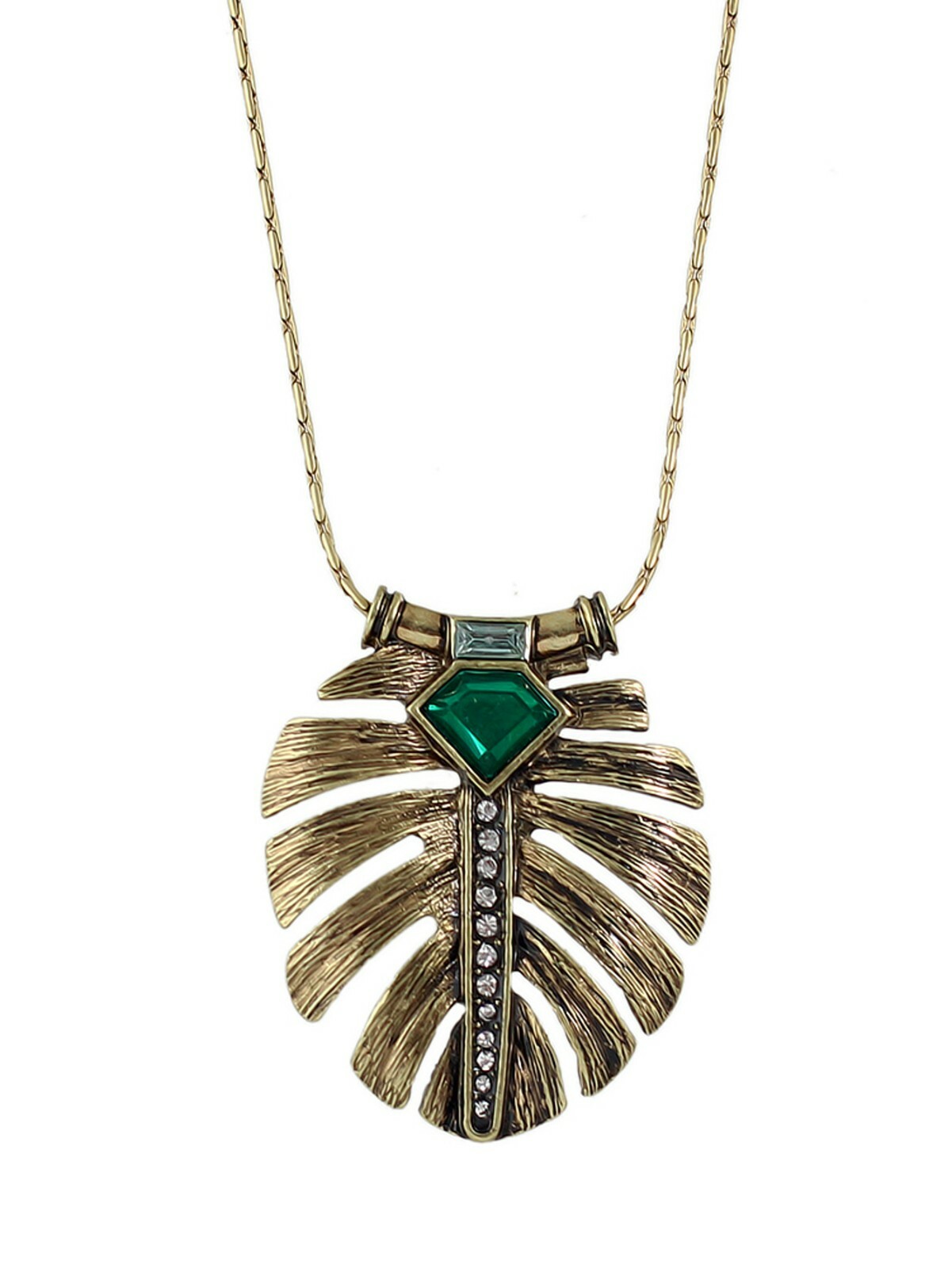 Vintage Antique Gold Long Chain Green Created Gemstone Feather Pendant Necklace