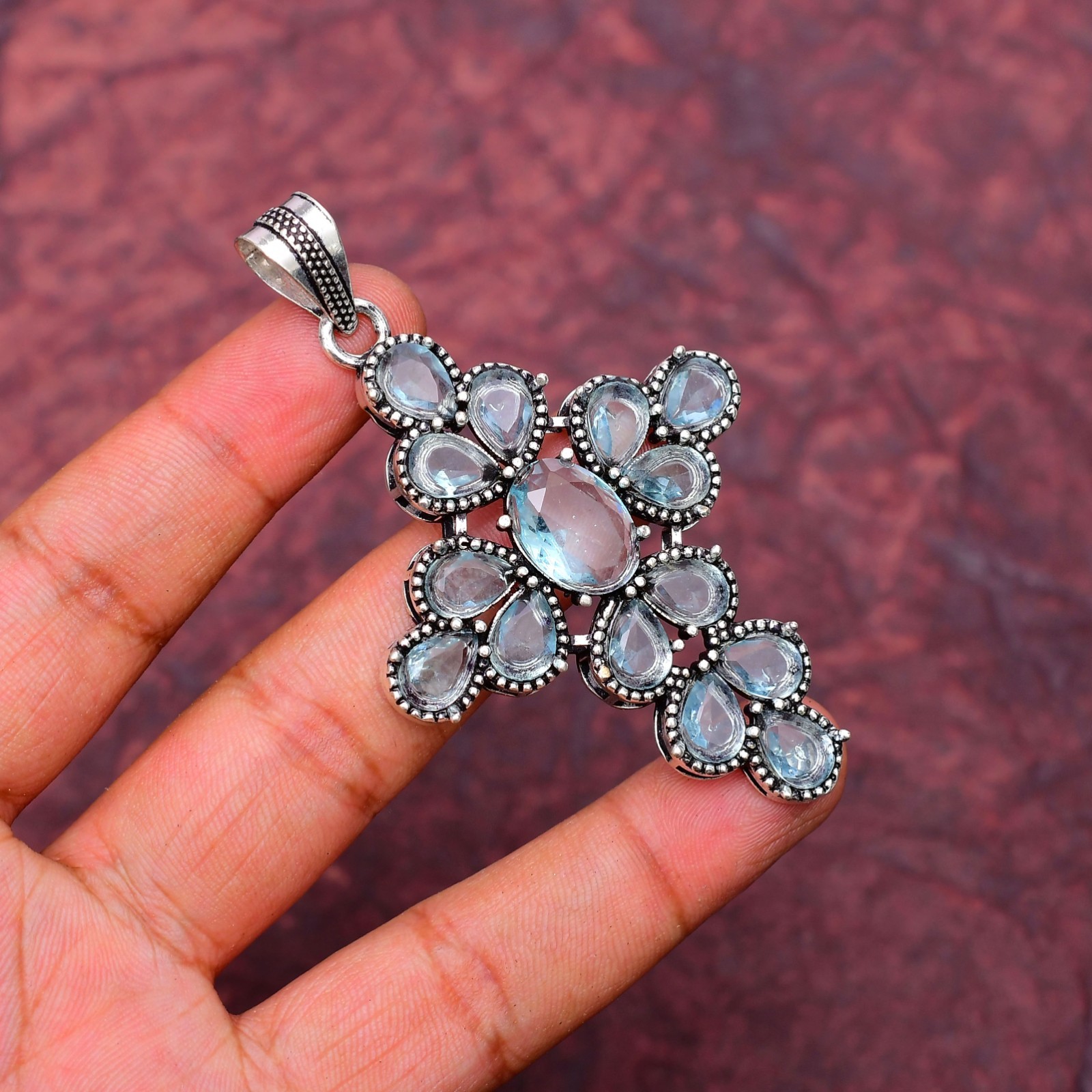 Aquamarine Gemstone 925 sterling silver Handmade Cross Pendant jewelry 2.75″