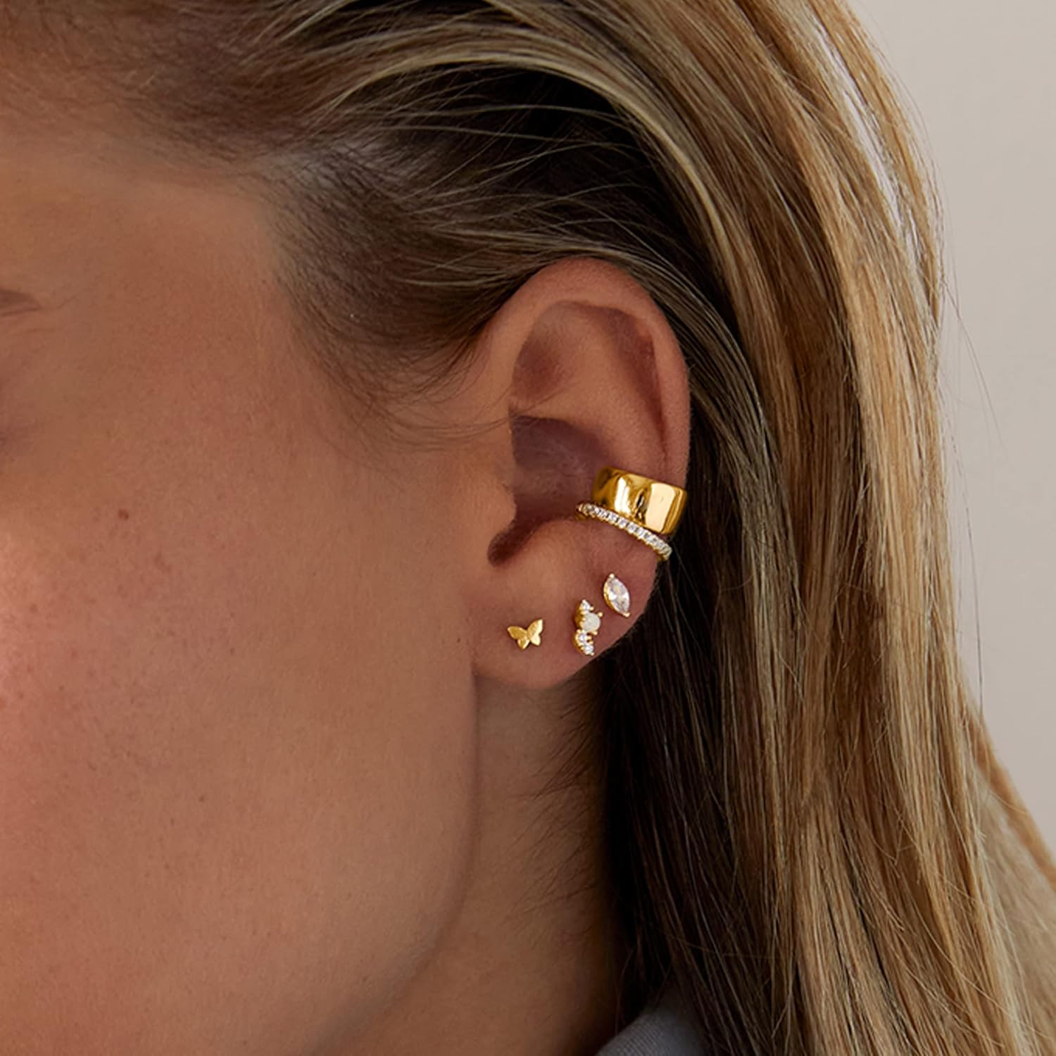 14K Gold Plated Sterling Silver Posts Dainty Mini Multi-Shape Flat Back Stud Ear