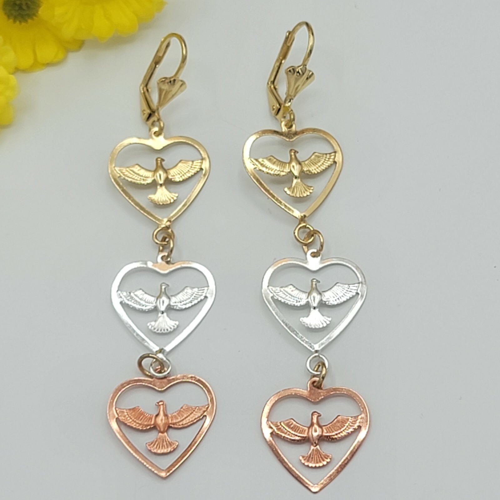 Tri Color Gold Plated Holy Spirit Symbol. Dove. Long Earrings. Lightweight.