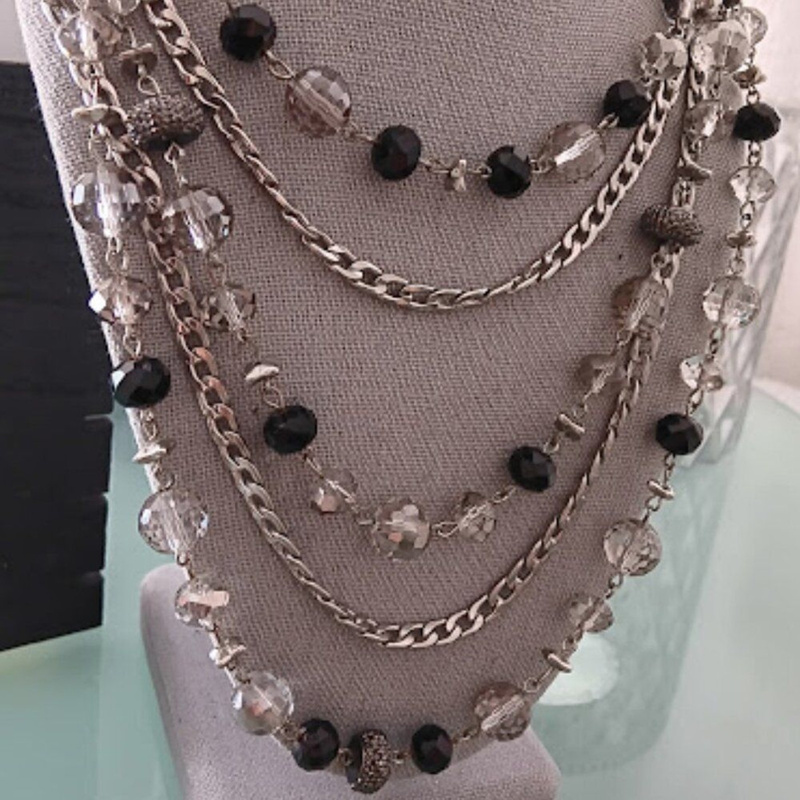VERA WANG Rocker Chic Silver Black/Gray/Hematite Beads Chain Layered Necklace