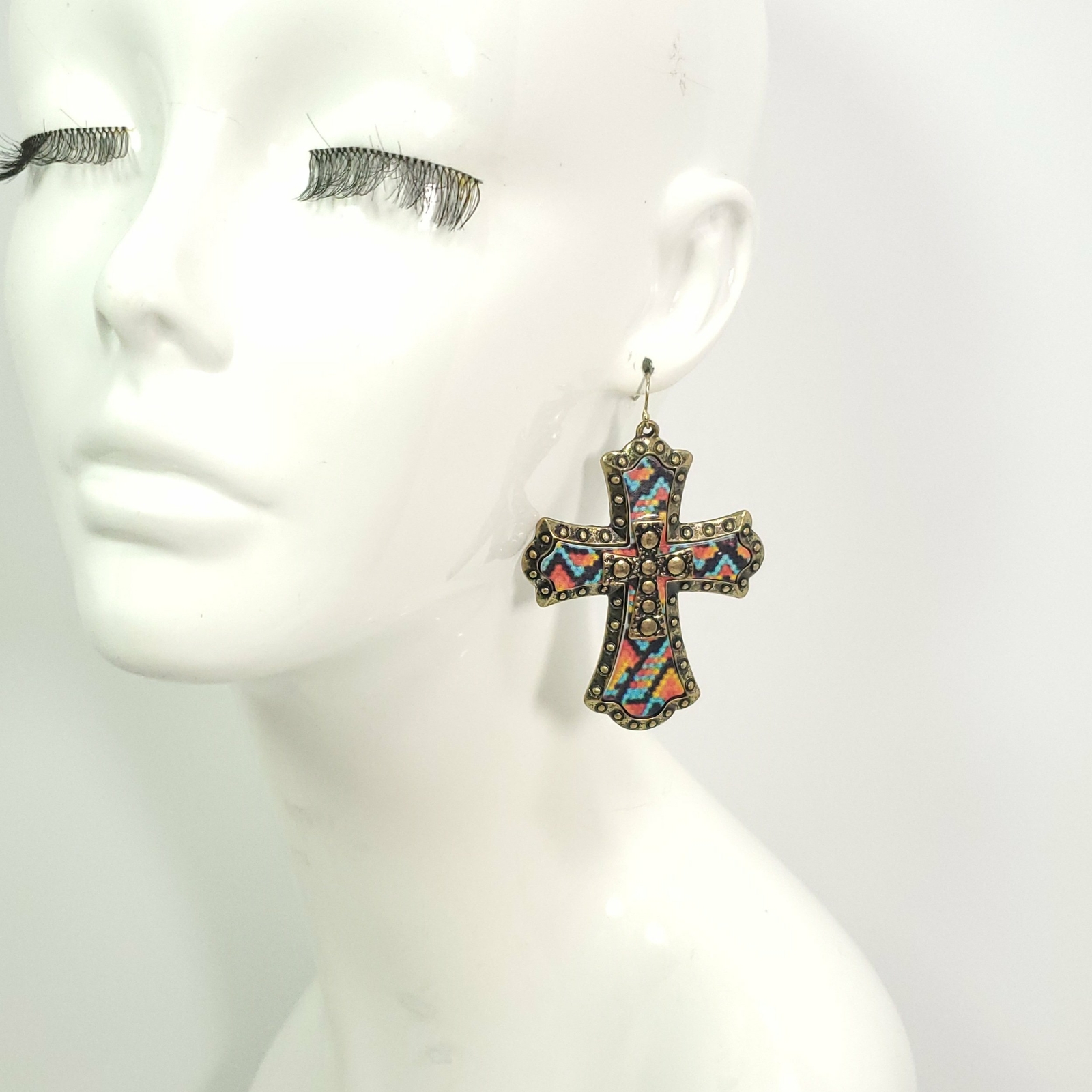 I03 Antique Gold Tone Metal Cross Shape Drop Dangle Hook Earrings