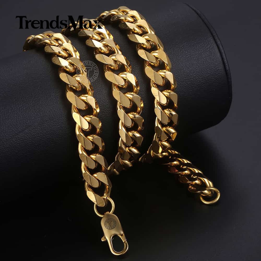 11mm Mens Chain Gold Plated Stainless Steel Curb Cuban Link Necklace 18-26 inch