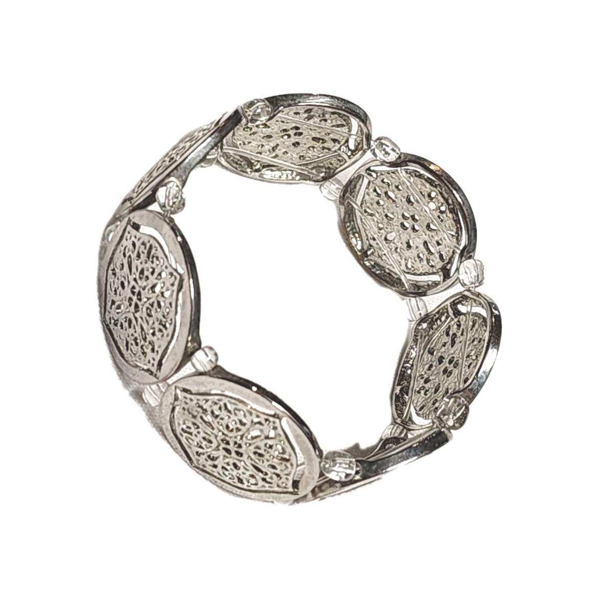 Silver Tone Filigree Round Coin Medallion Stretch Cuff Bangle Bracelet 7″ Boho