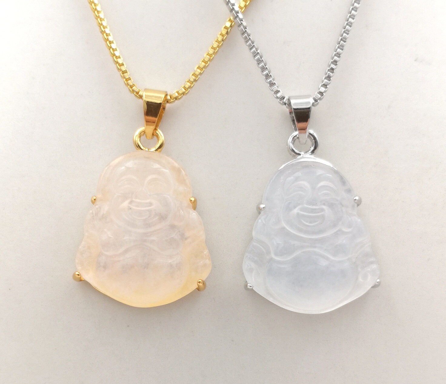 Green Multicolor Jade Laugh Maitreya Buddha 18KGP Lettering Pendant Necklace