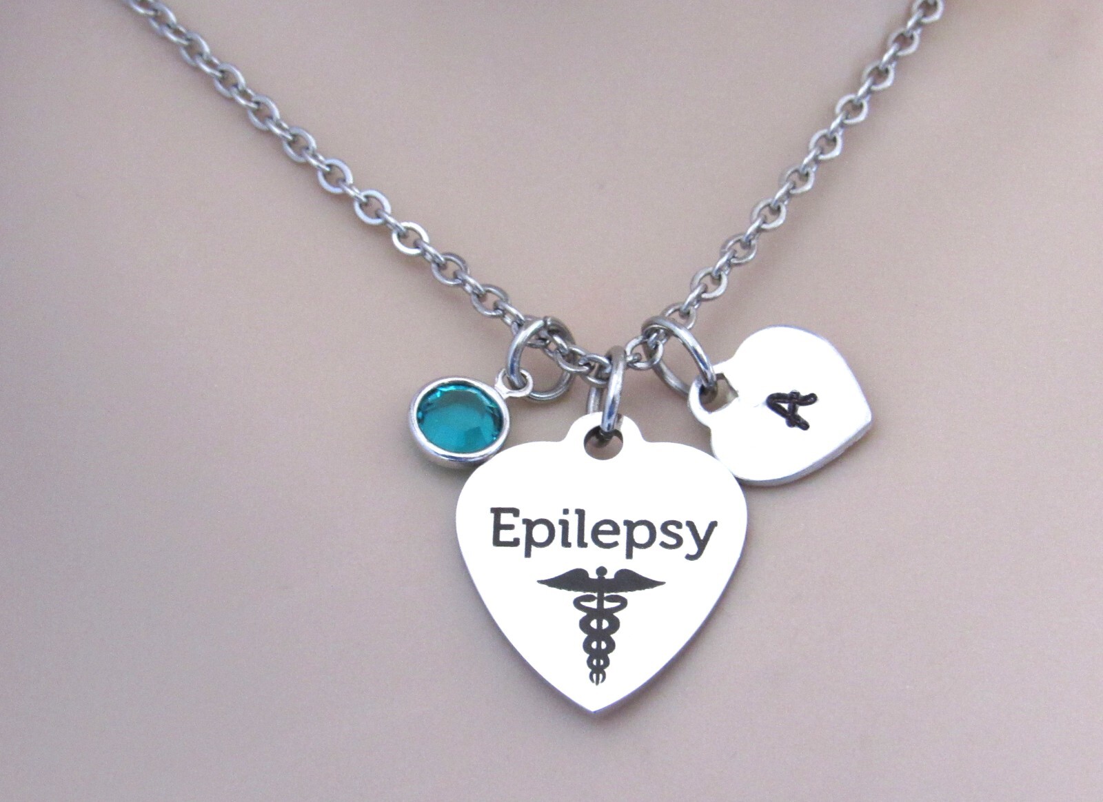 Epilepsy Necklace w/ Initial Heart and Birthstone, Epilepsy Medical Jewelry Gift