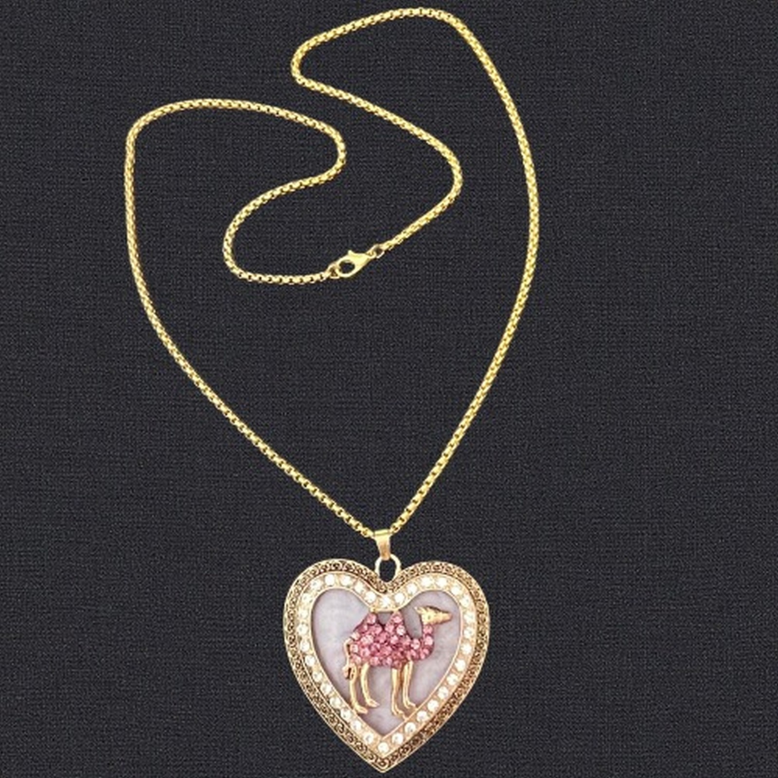 Camel Heart Necklace, Translucent 23″ Pink + Clear Rhinestones 2 x 2 New beawen