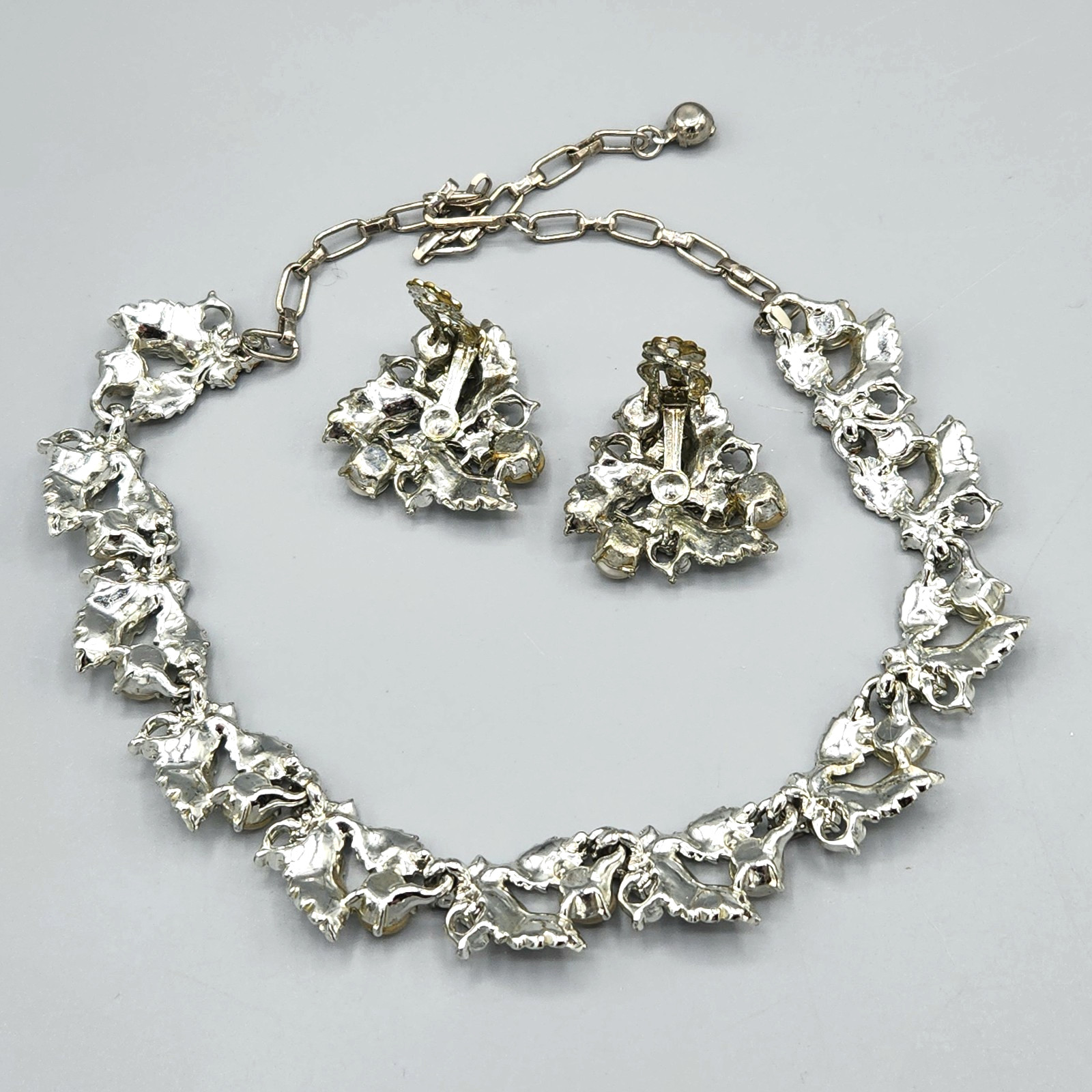 Vintage White Moonglow Enamel Pastel Rhinestone Floral Necklace & Clip Earrings