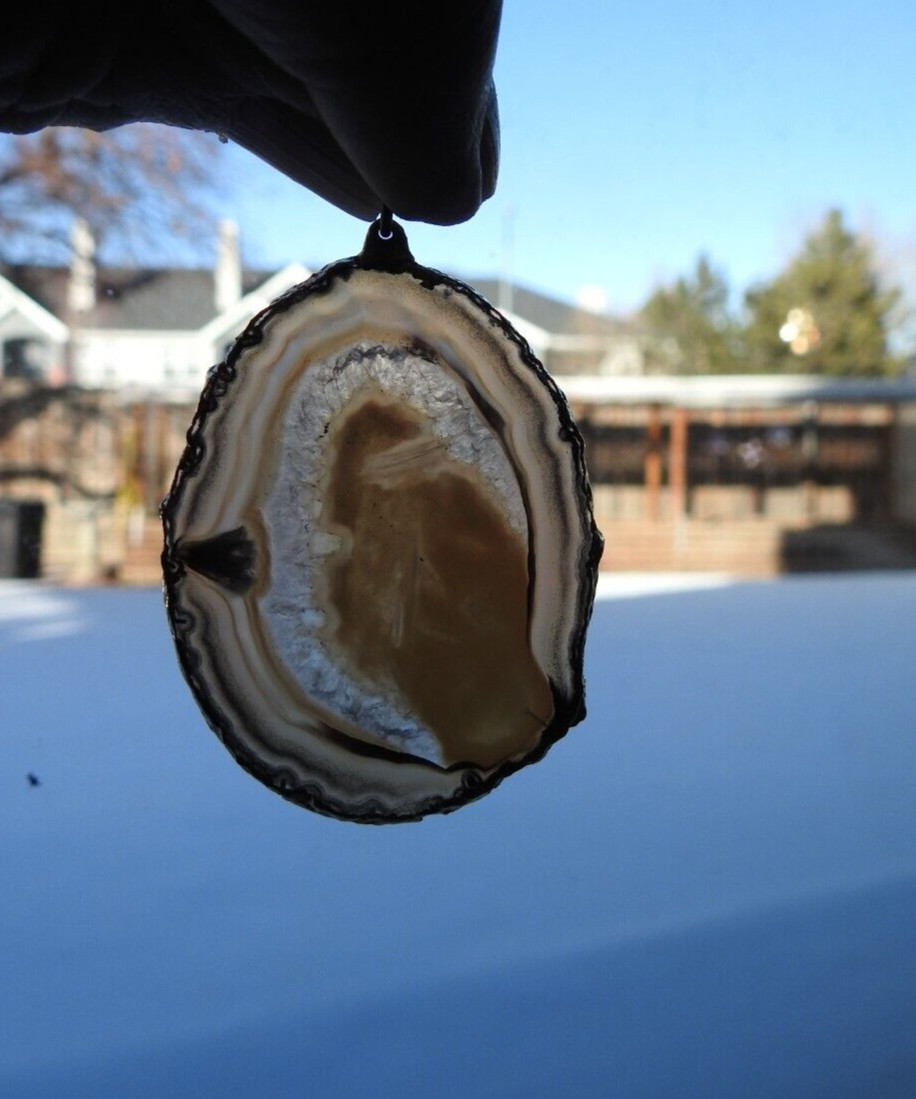 Estate Natural Agate Slice Gold Tone or Plated Stone Pendant 2″ X 1 3/8″