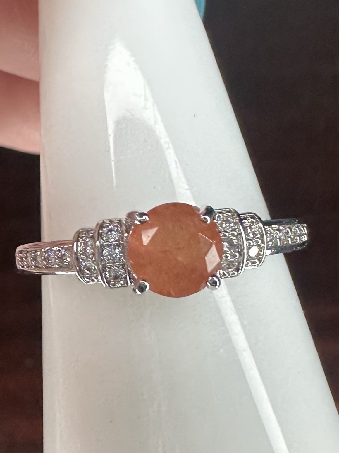 Bomb Party Ring- 2176- Treated Genuine Quartz/Lab Orange- Size 9- Rhodium Plated