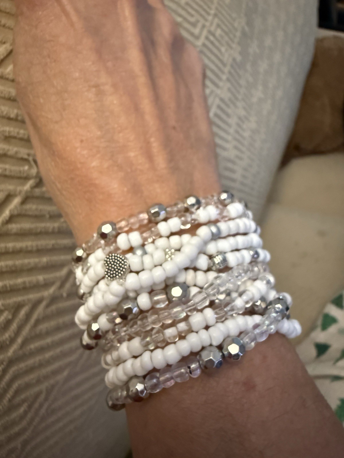White Clear Silver Glass Plastic Beaded Stackable Stretch Wrap Bracelet Round