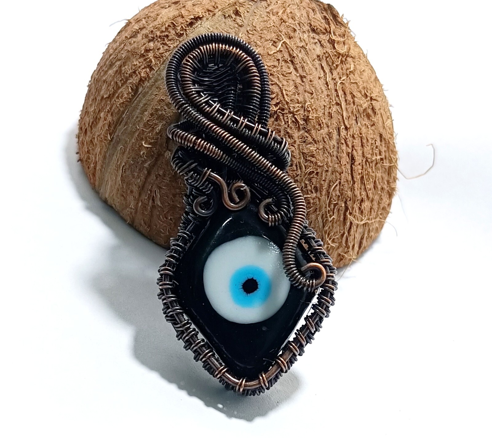 122.5 CT Black Color Evil Eye Gemstone Wire Wrapped Sister Pendant Copper 3.23′
