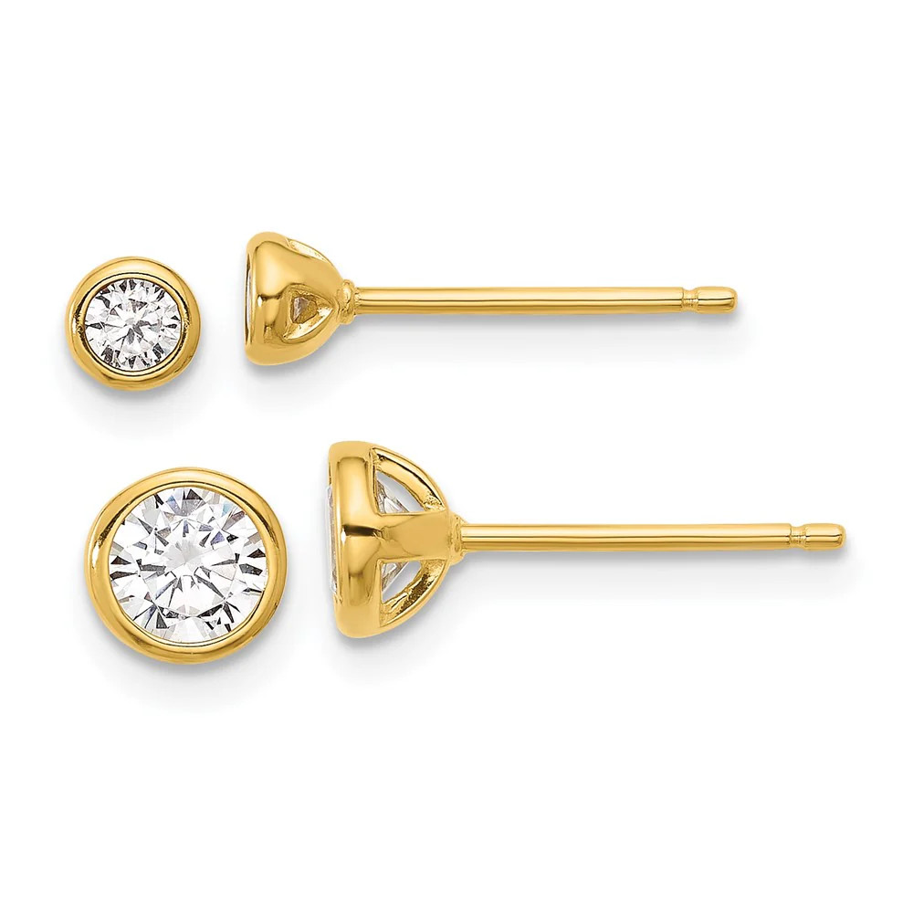 Sterling Silver Gold-Tone 3mm And 5mm CZ Bezel Post Earrings Set