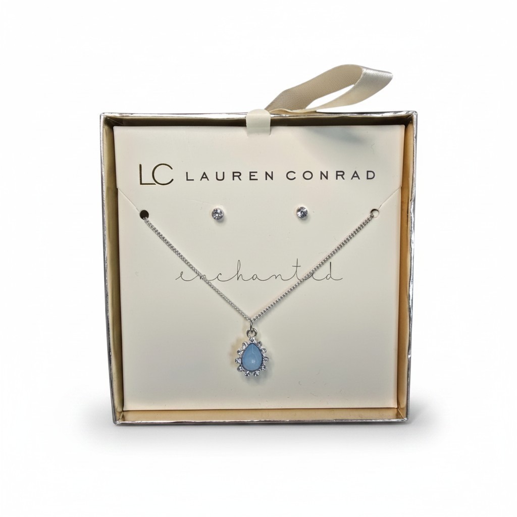 LC Lauren Conrad Women’s Silver Plated Blue Enchanted Necklace Gift Set NWT