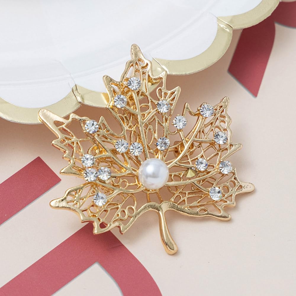 Fashion Maple Leaves Crystal Brooch for Women Men Pearl Gold-Tone Plated Leaf…