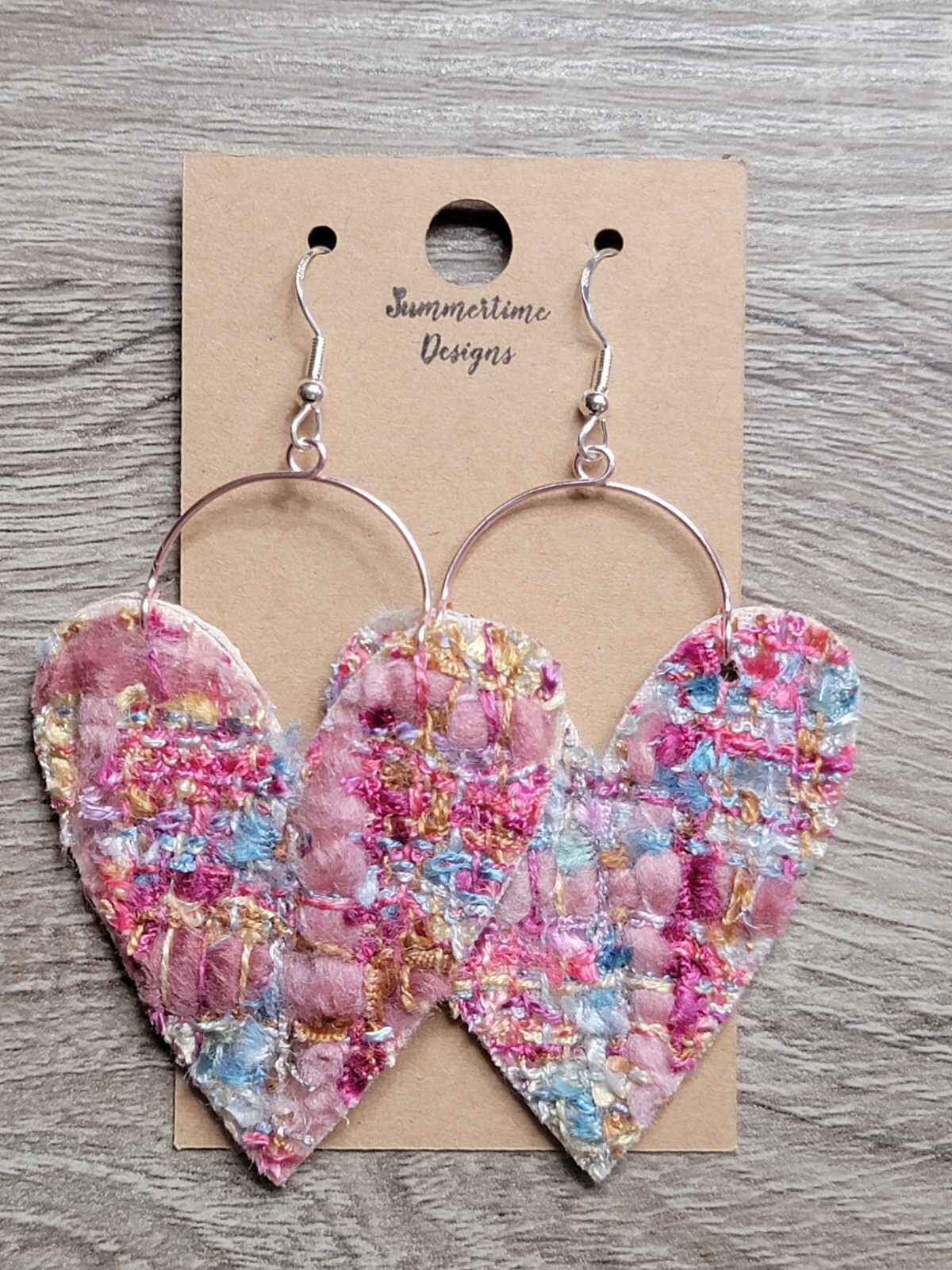 GENUINE Leather Backed Tweed Heart Earrings 3.5″ Pink