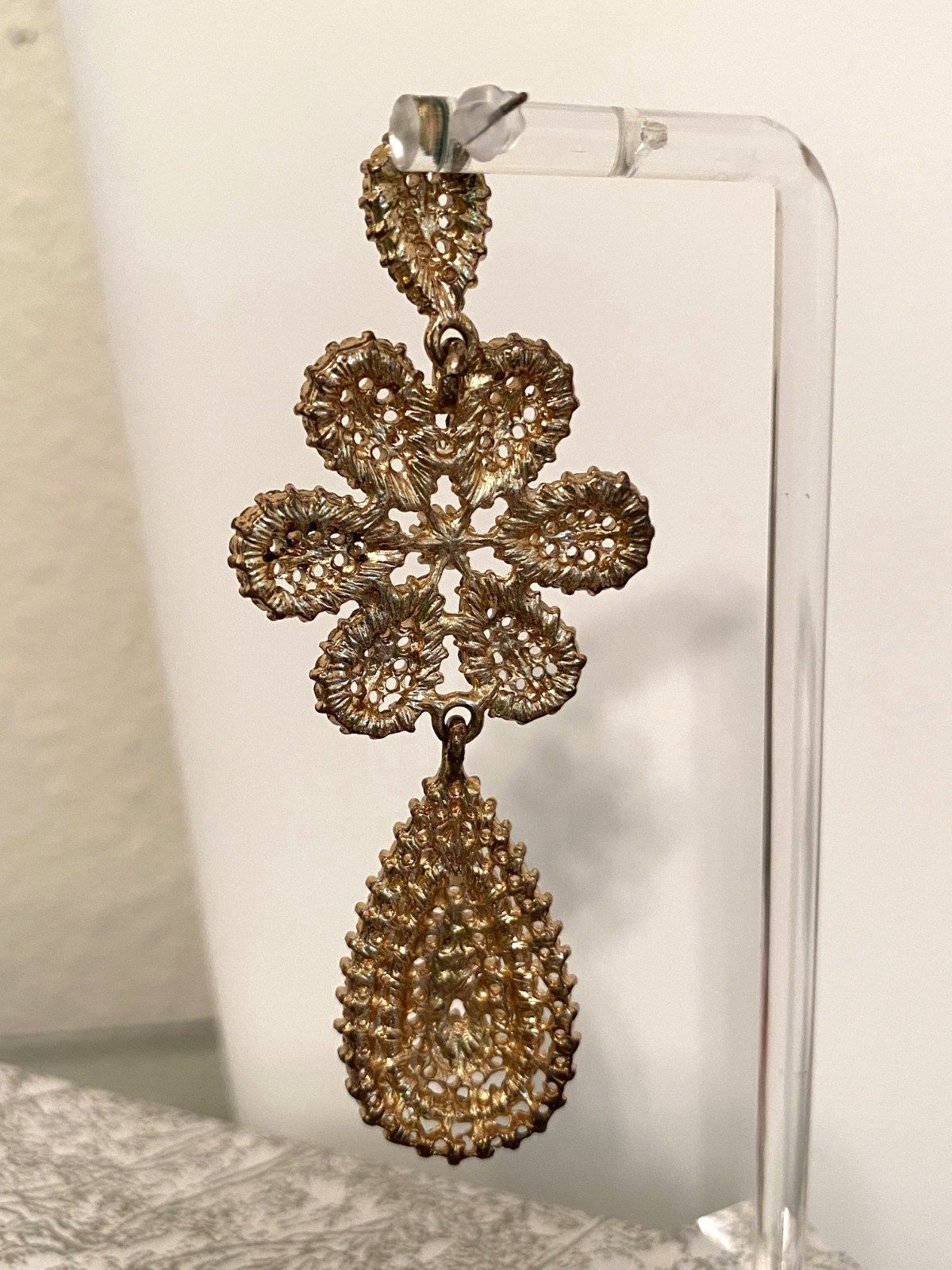 Rose Gold-Tone Pave Rhinestone Floral Teardrop Earrings