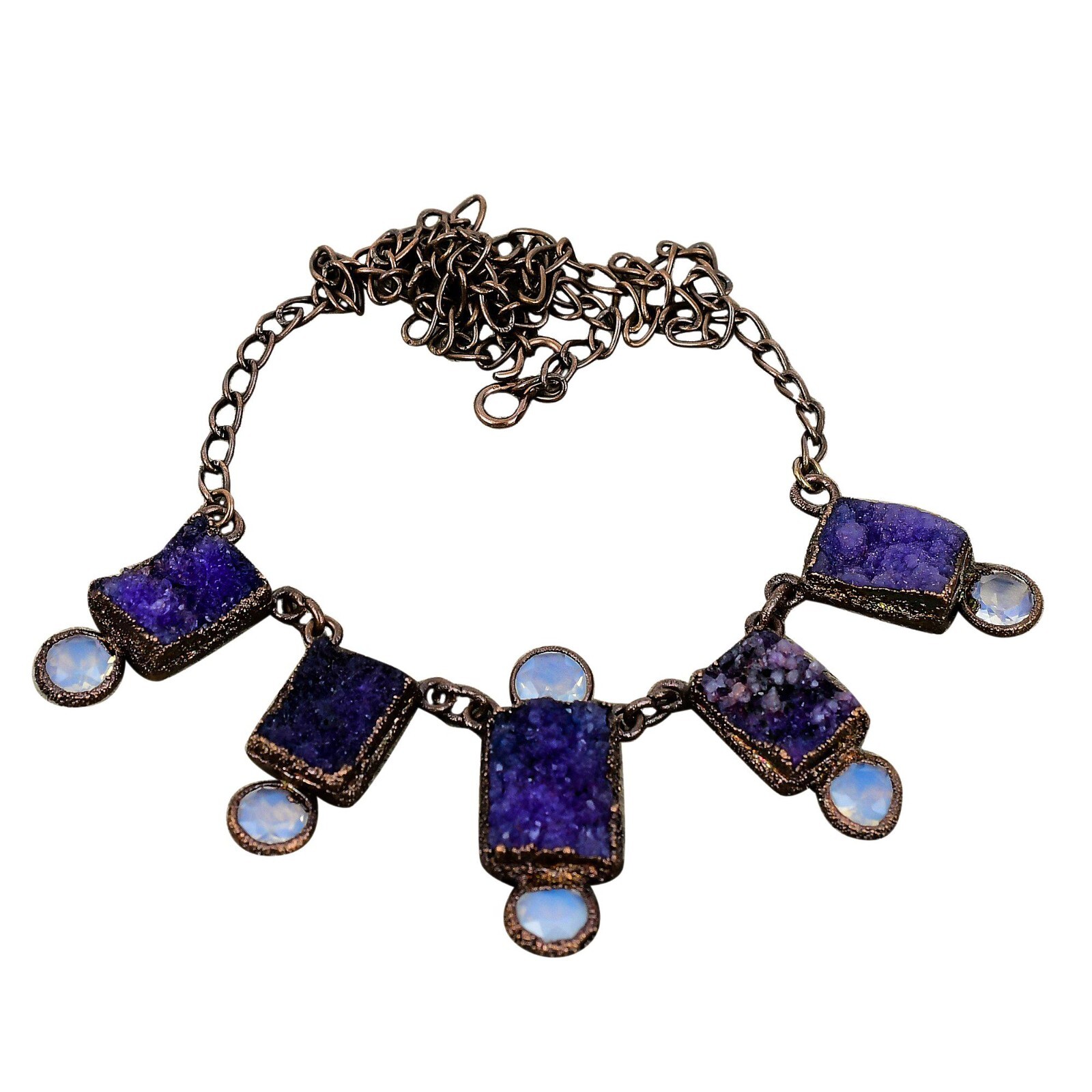 Copper Purple Druzy Stone Milky Opal Electroformed Artisan Chain Mother Necklace