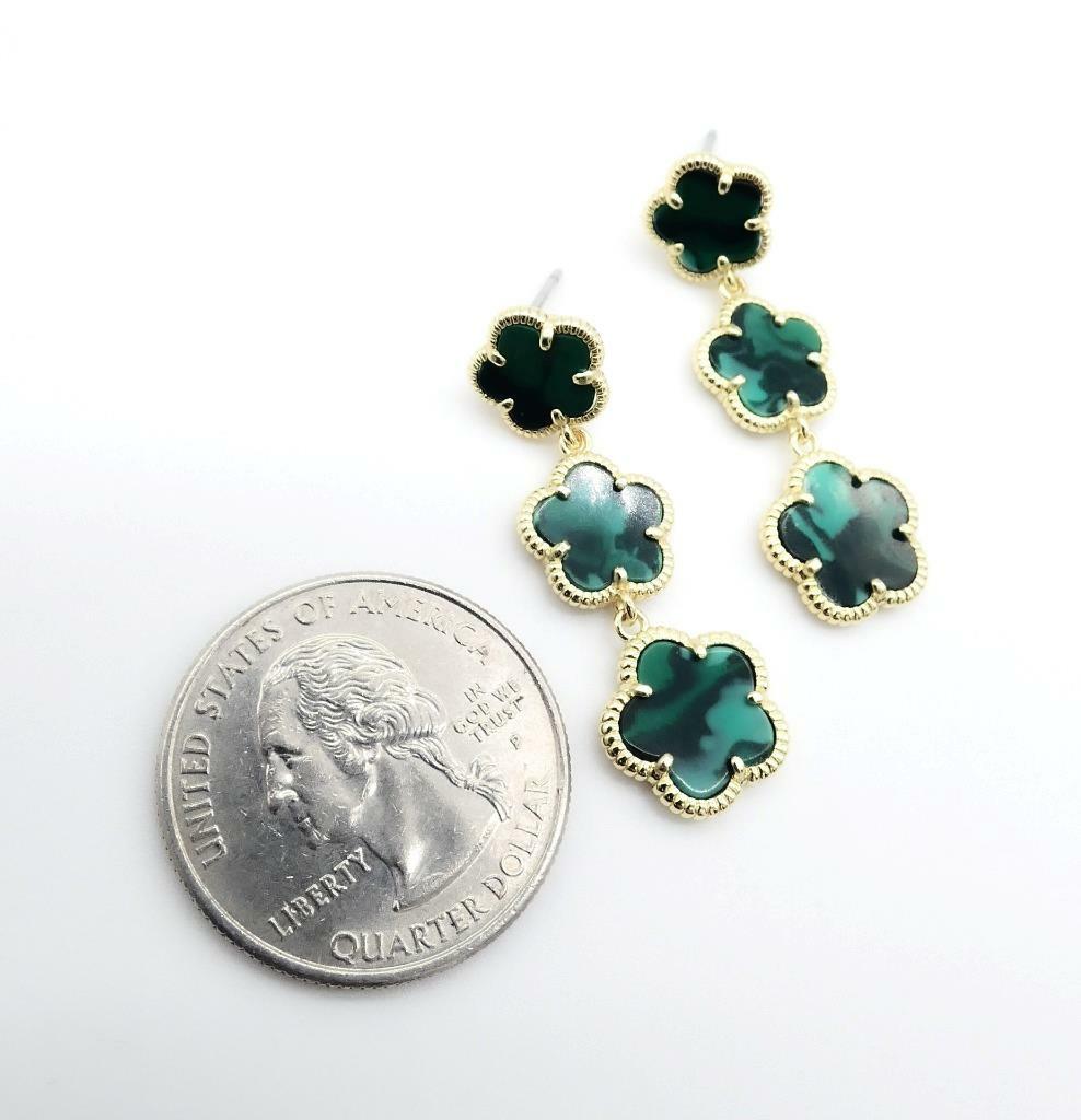 ELEGANT 18kt Gold Plated Green Malachite Triple 5 Petal Flower Dangle Earrings