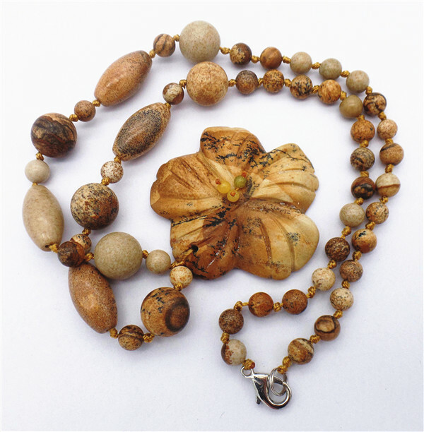 1 Strand 50x8mm Natural Picture Jasper Flower Pendant Beaded Necklace New GQ