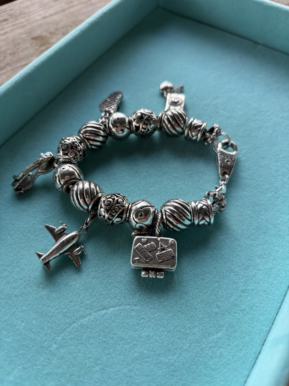 BRIGHTON Slide Charm Bead Trip 8″ Bracelet Travel Ship Beads Retired Globe