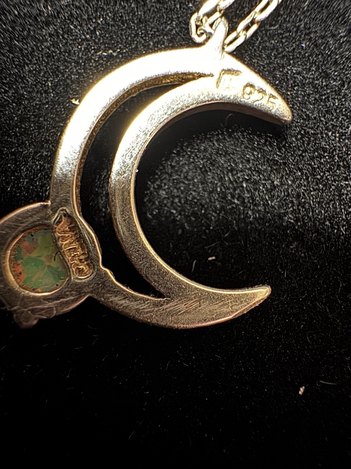 Sterling Silver 925 Crescent Moon Opal CZ Pendant Necklace Cable Chain Signed
